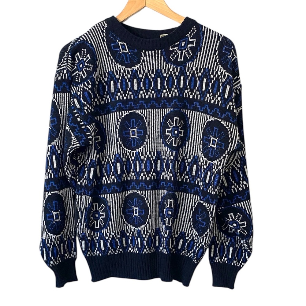 Vintage "Club International" Knit  Men's Black Blue Patterned Sweater M unisex